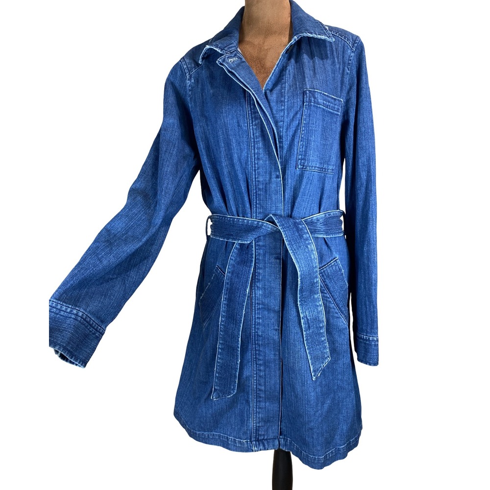 Banana Republic Denim Trench Coat Longline Belted Blue Medium Minimal Classic
